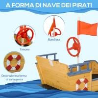 Outsunny Sabbiera per Bambini in Legno a Forma di Nave dei Pirati con Vano Contenitore, 158x78x45.5 cm(m-4)