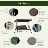 Outsunny Dondolo da Giardino 3 Posti con Cuscini, Seduta Chaise Longue e Tettuccio, 198x118x168 cm, Marrone(m-6)