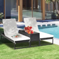 Outsunny Lot de 2 transats bains de soleil design - grand confort - matelas déhoussable crème, inclinaison réglable multi-positions - table basse - résine tressée 4 fils noir(m-2)