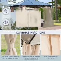 Outsunny Cenador de Jardín 3,65x3 m Pabellón de Acero con Techo de Policarbonato de 6 mm Protección UV 50+ y 4 Cortinas Laterales de Cremallera Gazebo para Fiestas Beige(m-6)