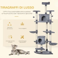 PawHut Albero Tiragraffi per Gatti Alto con Casette e Amache, 60x60x200cm, Grigio Chiaro(m-4)