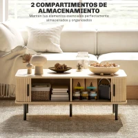 HOMCOM Mesa de Centro con 2 Puertas Tipo Persiana 2 Compartimientos y Patas de Acero para Sala de Estar 100x55x40 cm Roble(m-6)