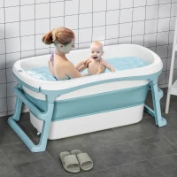 HOMCOM Vaschetta Bagnetto Pieghevole con Coperchio, Salvaspazio e Antiscivolo, per Neonati e Bambini 1-12 Anni, Bianca Blu(m-2)