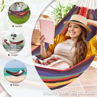 Outsunny Hamaca Doble de Algodón Portátil Colgante 290x150 cm Carga 120 kg con Bolsa de Transporte para Acampar Exteriores Viaje Multicolor(m-5)