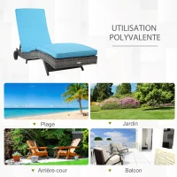 Outsunny Bain de soleil transat - dossier inclinable 5 positions roulettes - matelas déhoussable - résine tressée bleu et gris(m-7)