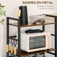 HOMCOM Étagères de cuisine meuble de rangement avec 4 étagères et 4 crochets cadre en acier noir et bois aspect marron(m-5)