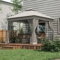 Outsunny 3(m) x 3(m)  Double Roof Outdoor Garden Gazebo Canopy Shelter with Netting, Solid Steel Frame, Light Grey(m-10)