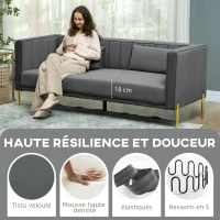 HOMCOM Canapé 3 places, 194,5l, grand confort, aspect velours et capitonné, idéal pour le salon, la chambre, le bureau, Gris(m-5)
