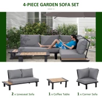 Outsunny 4 Pieces Aluminium Garden Furniture Set L Shape Sofa Set with Tables, Cushions for Indoor, Garden, Patio, Dark Grey(m-4)
