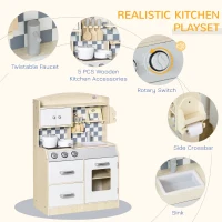 HOMCOM Kids Kitchen Play Cooking Toy Set Pretend Playset, Multiple Storage w/ Sink Cooking Bench Pots Age 3-6 Years, White(m-5)