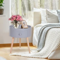 HOMCOM Table basse - table de chevet - table de nuit ronde - design scandinave table d'appoint bout de canapé avec tiroir pieds effilés inclinés bois massif chêne clair gris(m-2)