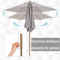 Outsunny Parasol droit parasol de jardin rond grande taille de jardin Ø 2,5 x 2,3H m bois de bambou gris(m-7)