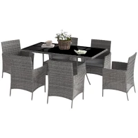 Outsunny 7-Piece Rattan Garden Furniture Set with Cushions, 6 Seater Garden Table and Chairs, Rattan Dining Set with 6 Armchairs, Rectangular Glass Top Table, Charcoal Grey(m-11)