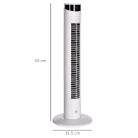 HOMCOM Ventilador de Torre Oscilante 45W con Control Remoto Temporizador de 12 h 3 Velocidades Pantalla LED Ø31,5x93 cm Blanco(m-3)