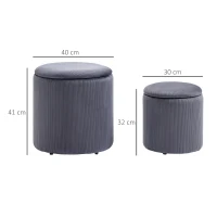 HOMCOM Set of 2 Round Ottoman with Storage, Fabric Vanity Stool for Makeup, Footrest Stool with Removable Lid for Living Room & Bedroom, Grey(m-3)
