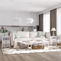 HOMCOM Bedside Table Set of 2 Chest of 3 Drawers Shabby Chic Nightstands with Metal Handle Sofa Side Table for Living Room, Bedroom,Purple(m-10)