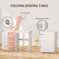 HOMCOM Folding Sewing Table, Drop Leaf Craft Table with Storage Bins, Open Shelf and Wheels, Rolling Sewing Machine Cabinet Computer Desk for Small Space, White(m-4)