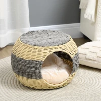 PawHut Wicker Cat House, Rattan Raised Cat Bed, Cosy Kitten Cave with Soft Washable Cushion, Φ40 x 30cm(m-7)