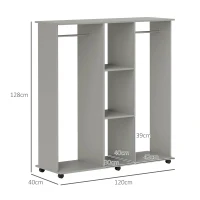 HOMCOM Open Wardrobe Double Mobile Storage Shelves Organizer W/6 Wheels-Grey(m-3)