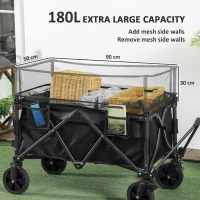 Outsunny Folding Garden Trolley, 180L Wagon Cart with Extendable Side Walls, for Beach, Camping, Festival, Black(m-4)