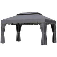 Outsunny Cenador para Jardín 4x3 m Pérgola de Jardín Gazebo con Doble Techo Paredes Laterales Anti-UV y Mosquiteras Gris(m-11)