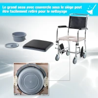 HOMCOM Chaise percée à roulettes - fauteuil roulant percé - coussin amovible, accoudoirs rembourrés,  repose-pied rabattable métal revêtement synthétique noir(m-4)