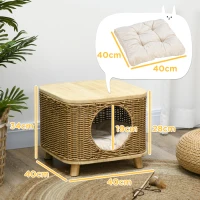 PawHut Elevated Design Wicker Cat House with Washable Cushion, Light Brown(m-3)