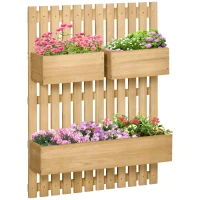 Outsunny Jardinera de Pared de Madera con Enrejado y 3 Macetas Móviles para Jardín Terraza Patio 60x16x80 cm Natural(m-11)