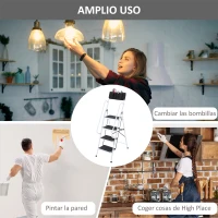 HOMCOM Escalera Plegable de 4 Peldaños Escalera de Tijera con Apoyabrazos y Portaherramientas 50x83x155 cm Blanco y Negro(m-6)