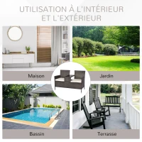 Outsunny Banc de jardin design contemporain 133L x 63l x 84H cm banc double chaise avec coussins assise + tablette intégrée résine tressée grise polyester crème(m-6)