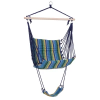 Outsunny Outdoor Hammock Hanging Rope Garden Yard Patio Swing Chair Seat Woodenwith Footrest Cotton Cloth Blue Stripe(m-1)