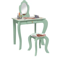 ZONEKIZ Kids Dressing Table with Mirror, Stool, Drawer, Cute Animal Design, Green(m-1)