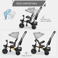 HOMCOM Tricycle Enfant évolutif Pliable - Pare-Soleil, Canne télescopique Amovible - siège pivotant, Harnais, Arceau sécurité - Repose-Pied - 3 paniers Rangement - métal PP Gris Noir(m-5)