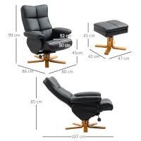HOMCOM PU Leather Swivel Recliner Chair with Footstool, Wooden Base and Storage for Living Room, Black(m-3)