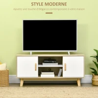 HOMCOM Meuble TV Banc TV scandinave 2 niches et 2 rangements avec Portes - dim. 120I x 40P x 55H cm - Bois Blanc Chêne(m-4)