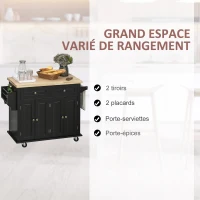 HOMCOM Desserte ilôt de cuisine multi rangements 2 tiroirs 2 placard 2 portes avec étagère range-bouteille porte-torchons et étagère réglable MDF noir hévéa(m-7)