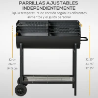Outsunny Barbacoa de Carbón con Parrilla Ajustable en Altura para Exterior Barbacoa Portátil con Estante de Almacenaje y Ruedas 90x45x96 cm Negro(m-4)
