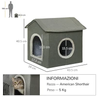 PawHut Casetta per Gatti con Cuscini Lavabili 2 entrate, 39x43.5x40.5cm  Grigio(m-3)