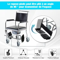 HOMCOM Chaise percée à roulettes - fauteuil roulant percé - coussin amovible, accoudoirs rembourrés,  repose-pied rabattable métal revêtement synthétique noir(m-7)