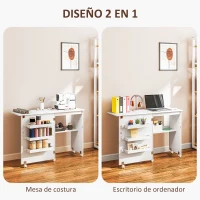 HOMCOM Mesa Plegable de Costura con Compartimentos de Almacenamiento Estante Abierto y 5 Ruedas para Dormitorio Salón Blanco(m-6)