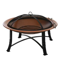 Outsunny 76cm Metal Large Firepit Bowl Outdoor Round Fire Pit w/ Lid, Log Grate, Poker for Backyard, Camping, Picnic, Bonfire, Wood Burning Stove, Bronze(m-1)