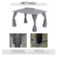 Outsunny Gazebo da Giardino 4x3m con Doppio Tettuccio, Pareti in Poliestere e Struttura in Acciaio, Grigio(m-6)