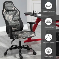 HOMCOM Fauteuil gaming militaire - chaise gamer - inclinable, hauteur réglable assise & accoudoirs, pivotant - polyester noir vert(m-7)