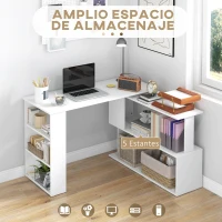 HOMCOM Escritorio Esquinero Giratorio, 120x110 cm, Escritorio en L, Mesa de Escritorio con Estantes, para Oficina en Casa, Estudio, Hogar, Blanco(m-4)