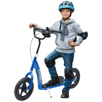 HOMCOM Trottinette enfant patinette pneus 30 cm Hauteur Guidon réglable poignée Frein et béquille Acier pour enfants à partir de 5 ans Bleu(m-1)
