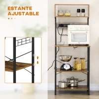 HOMCOM Estantería de Cocina Mueble para Microondas con Toma de Corriente 2 Cargadores USB 5 Ganchos 60x42x153 cm Marrón(m-5)