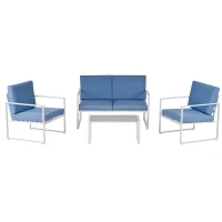 Outsunny Salotto da Giardino, Divano da Giardino, Set Mobili da Esterno con Poltrona da Giardino in Metallo e Poliestere, Bianco e Blu(m-1)