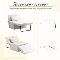 HOMCOM Sofá Cama de 1 Plaza Tapizado en Lino con Respaldo Ajustable en 5 Posiciones Reposapiés y Reposacabezas Crema(m-6)