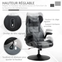 Vinsetto Chaise de gaming ergonomique avec base ronde hauteur réglable accoudoir relevable coussins tétière et lombaires PU gris noir(m-4)