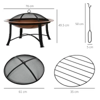 Outsunny 76cm Metal Large Firepit Bowl Outdoor Round Fire Pit w/ Lid, Log Grate, Poker for Backyard, Camping, Picnic, Bonfire, Wood Burning Stove, Bronze(m-3)